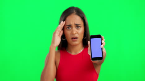 Stress,-confused-and-woman-with-phone-on-green