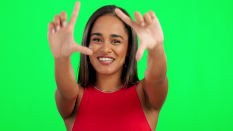 Happy-woman,-hands-and-frame-on-green-screen