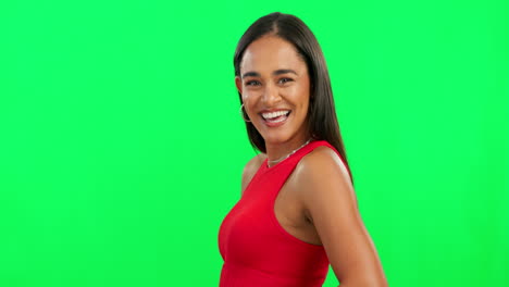 Green-screen,-woman-and-happy-portrait-of-excited