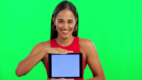 Frau,-Grüner-Bildschirm-Und-Tablet-Mit-Lächeln