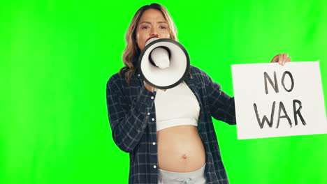 Pregnant-woman,-megaphone-and-no-war-billboard