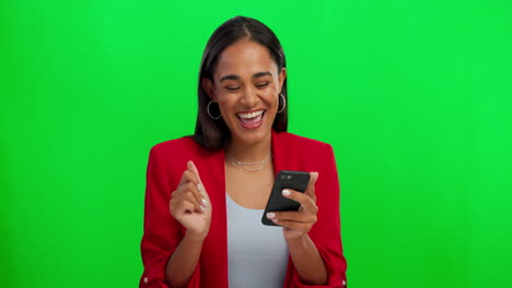 Dance,-phone-and-face-of-woman-on-green-screen
