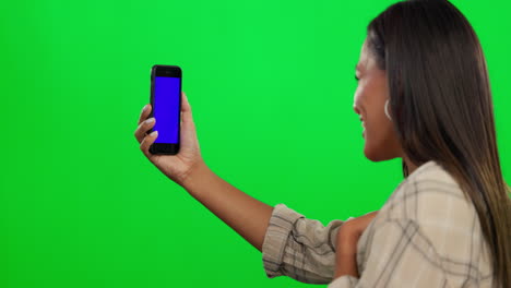 Video-call,-phone-and-woman-on-green-screen
