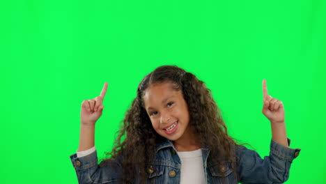 Green-screen,-face-and-happy-kid-pointing-up
