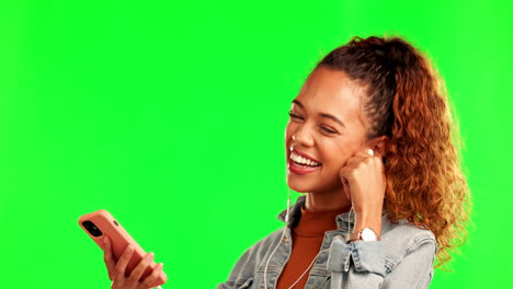 Green-screen,-music-and-woman-with-phone-to-relax
