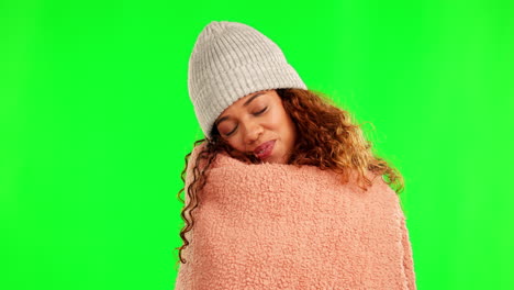 Blanket,-cozy-and-face-of-a-woman-on-a-green
