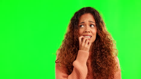 Green-screen,-anxiety-and-nervous-woman-with-nail
