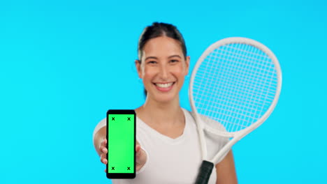 Phone,-green-screen-and-tennis-with-a-woman