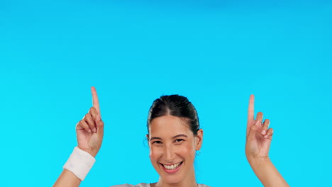 Face,-fitness-and-woman-pointing-up