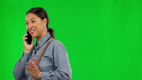 Happy,-talking-and-a-woman-on-a-green-screen-phone