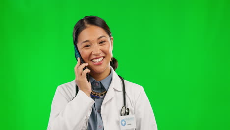 Phone-call,-doctor-woman-and-green-screen