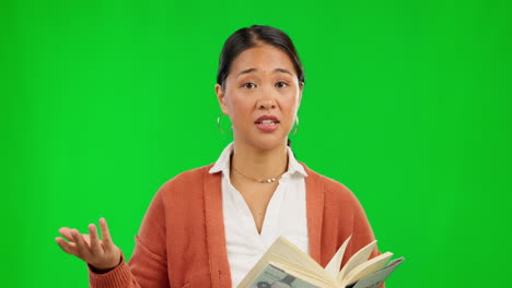 Green-screen,-face-and-woman-teacher-with-book