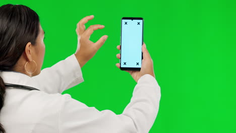 Woman,-doctor-and-phone-with-mockup-on-green