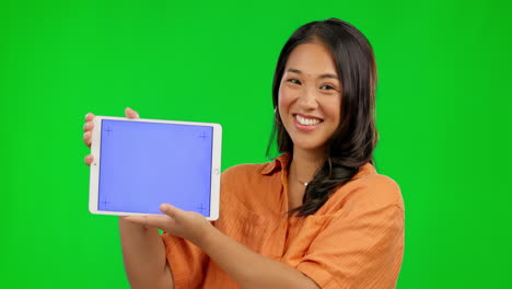 Asian-woman,-tablet-and-mockup-on-green-screen