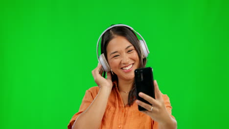 Music-headphones,-selfie-and-woman-on-green-screen