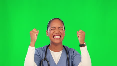 Success,-yes-and-doctor-or-woman-on-green-screen