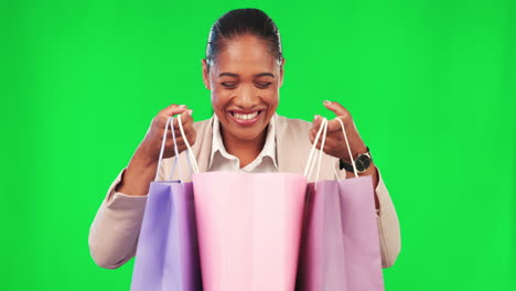 Grüner-Bildschirm,-Gesicht-Und-Glückliche-Frau-Beim-Einkaufen