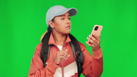 Phone,-hiking-and-a-woman-with-lost-on-green
