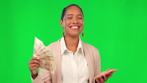 Cash,-phone-and-woman-on-green-screen-for-profit