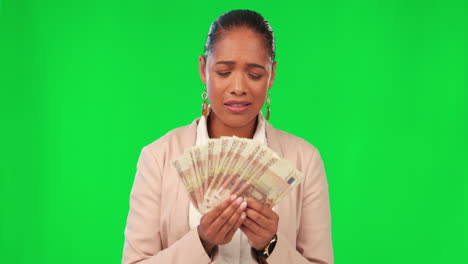 Money,-risk-and-woman-on-green-screen-in-gambling