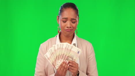 Cash,-risk-and-woman-on-green-screen-for-gambling