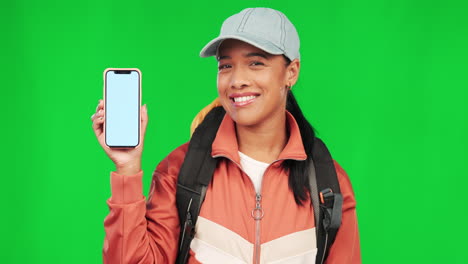 Student-woman,-phone-and-green-screen-with-face
