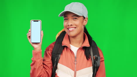 Mujer-Estudiante,-Teléfono-Y-Pantalla-Verde-Con-Cara