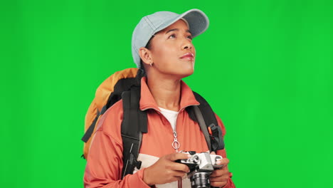 Woman,-hiking-and-green-screen-with-travel