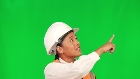 Woman,-construction-and-pointing-at-list