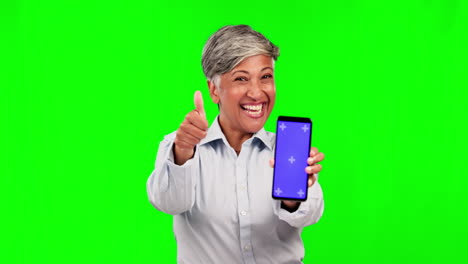 Phone,-thumbs-up-and-woman-on-green-screen