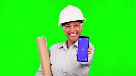 Green-screen,-phone-or-senior-happy-woman