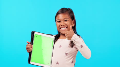 Happy-girl,-thumbs-up-and-tablet-on-mockup