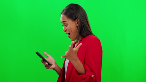 Phone,-green-screen-and-excited-woman-reading