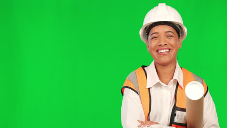 Green-screen,-woman-and-face-of-happy-architect