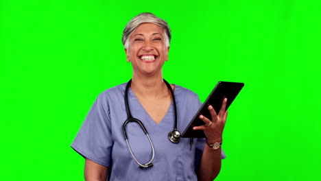 Woman,-face-of-nurse-and-tablet-on-green-screen