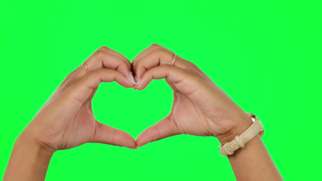 Woman,-hands-and-heart-emoji-on-green-screen