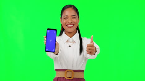 Phone,-green-screen-and-thumbs-up-with-business