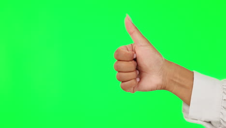 Woman,-hands-and-thumbs-up-on-green-screen