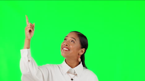 Green-screen,-pointing-and-woman-in-business