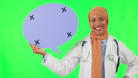 Muslim-woman,-doctor-and-pointing-to-speech-bubble