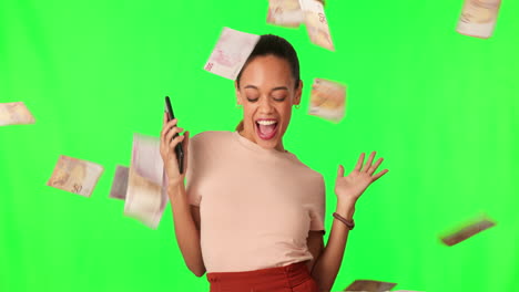 Happy,-woman-with-money-and-celebrating-against