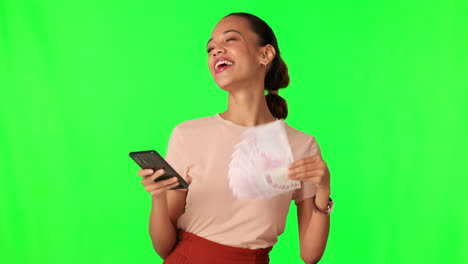 Happy-woman,-smartphone-and-money-fan-on-green