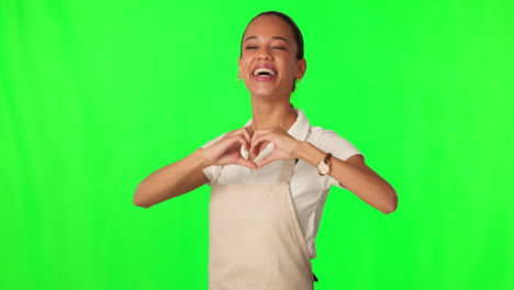 Green-screen-face,-heart-hands-and-happy-woman