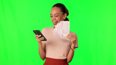Woman,-phone-and-money-fan-on-green-screen