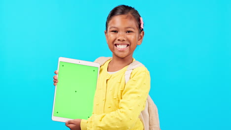 Happy-little-girl,-tablet-and-mockup-for-social