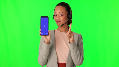 Green-screen-phone,-telemarketing-woman-face