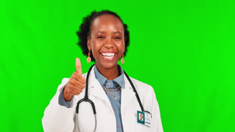 Happy-doctor,-thumbs-up-and-black-woman-on-a-green