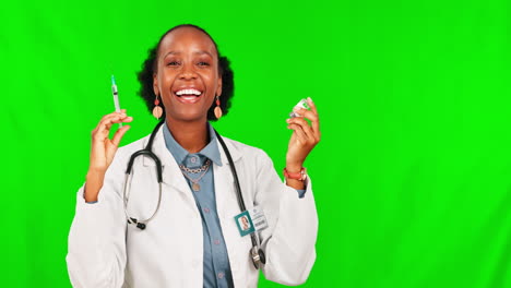 Impfstoff,-Lächeln-Und-Eine-Schwarze-Ärztin-Auf-Einem-Grün