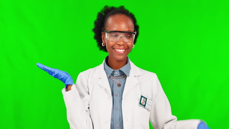 Black-woman,-scientist-and-palm-on-green-screen