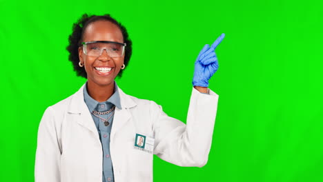 Black-woman,-scientist-and-pointing-on-green